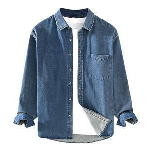 复古牛仔衬衫男长袖春季休闲宽松上衣美式水洗正肩衬衣外套早秋款