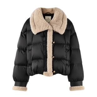 秋水伊人翻领拼接短款羽绒服2025年冬季新款时尚复古百搭摩登外套