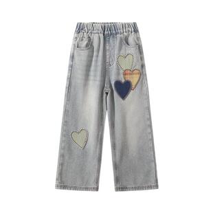 植木【爱心刺绣】儿童牛仔裤女童直筒裤中大童2026年春季新款童装