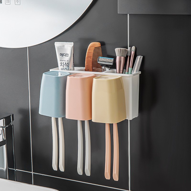 牙刷置物架卫生间免打孔四口杯打孔红创意免套装洗漱杯网架牙刷