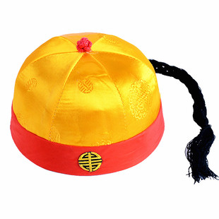 2025新款男童宝宝唐装缎面硬顶王爷黑色太子皇帝乾隆地主帽演出