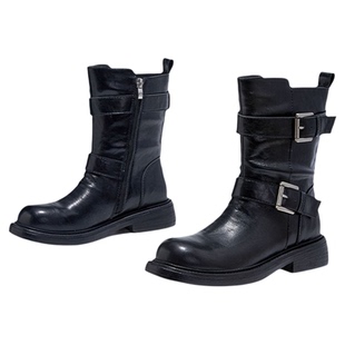 一字扣带女靴真皮中筒靴子女款酷飒风黑皮靴机车骑士靴瘦瘦靴短靴