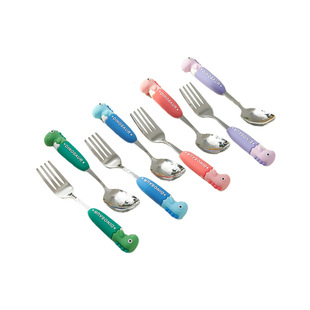 创意卡通餐具304不锈钢勺子可爱恐龙儿童饭勺水果叉硅胶防烫手柄