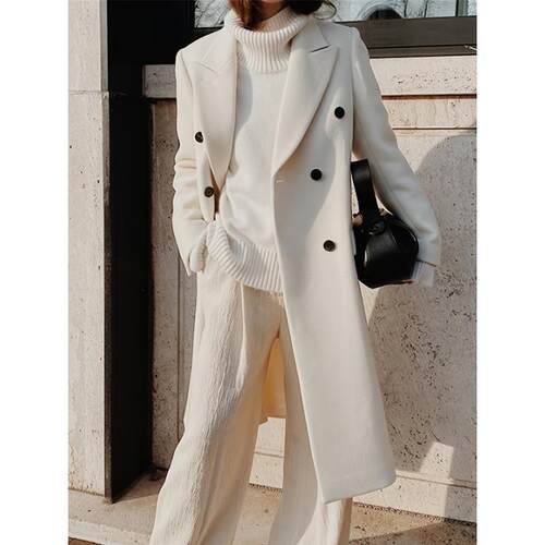 A 52744 Double-breasted Fitted Coat 纯色双排扣大衣 跨境代发