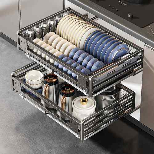 四季沐歌拉篮厨房橱柜不锈钢双层抽屉式碗架收纳碟架橱柜调味碗篮