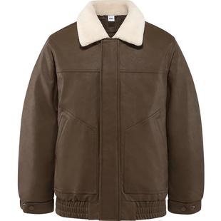 森马羽绒服男2024冬季新款复古仿皮衣薄款短夹克撞色拼接外套毛领