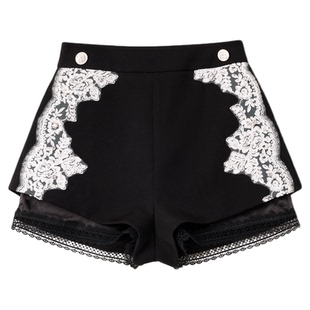 AZZHEN【浮雕花境】重工蕾丝拼接花边短裤冬新款女收腰显瘦休闲裤