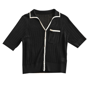 美貌精致 气质满满 撞色镶边挑空花针 翻领短袖冰麻针织衫女 夏