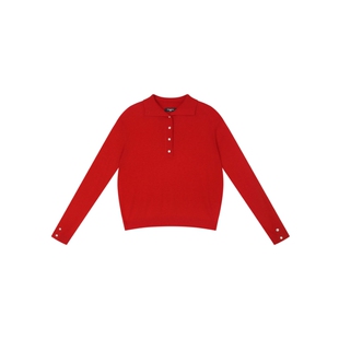 oneup半开襟纽扣绵羊毛高领针织衫女秋季小个子宽松红色毛衣外套