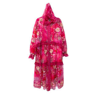 虫音桑蚕丝棉服女宽松收腰假两件可拆内胆印花刺绣保暖棉衣中长款