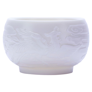 钰铨龙门 羊脂玉瓷素烧浮雕鸾凤杯 陈德根大师纯手工白瓷主人茶杯
