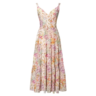 La Koradior拉珂蒂优雅2025商场同款交叉式V领印花桑蚕丝连衣裙女