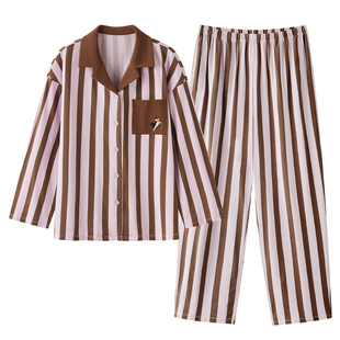 松山棉店萌宠条纹开衫家居服套装萌宠春秋棉莫抗静电不粘毛睡衣