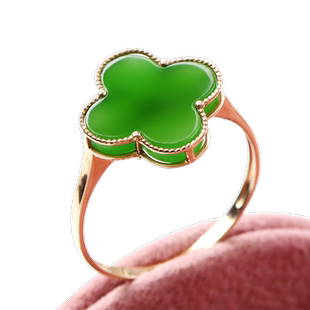 念玉18K黄金镶玉婚戒镶嵌和田玉苹果绿天然碧玉戒指四叶草玉女款