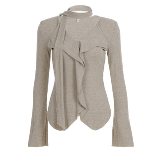 HEYOUNGIRL「秋日私语」卡其色坑条荷叶边针织长袖春百搭显瘦上衣