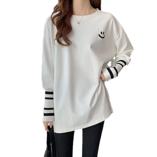 ins超火长袖t恤女春装春秋内搭打底衫宽松拼接袖百搭外穿白色上衣