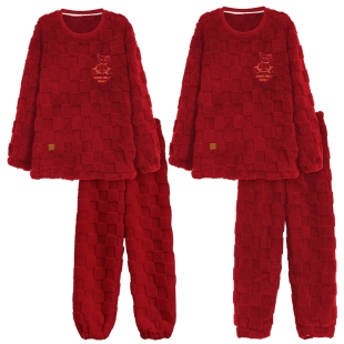 情侣睡衣冬季珊瑚绒大红色新婚结婚套装秋冬天加厚套头男女家居