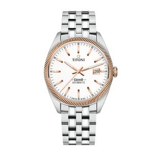 【自营】Titoni梅花手表宇宙系列白盘夜光镀金日历男士钢带腕表