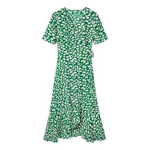 弥古绿色碎花v领法式雪纺连衣裙女夏季一片式海边裙子度假沙滩裙