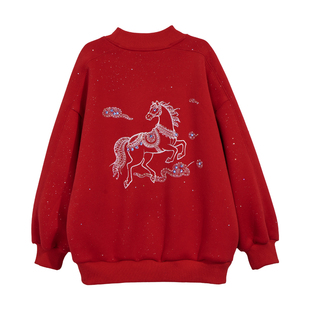 男童红色加绒卫衣秋冬新款国潮卡通马年本命年上衣