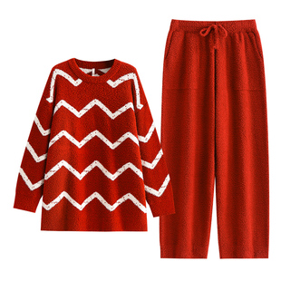 悦内半边绒情侣睡衣女秋冬季珊瑚绒保暖家居服男士红色本命年新年