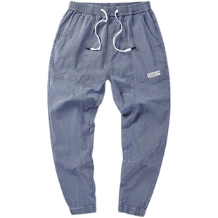 牛仔裤男款春秋季收口束脚休闲九分裤松紧腰工装韩版潮流大码裤子