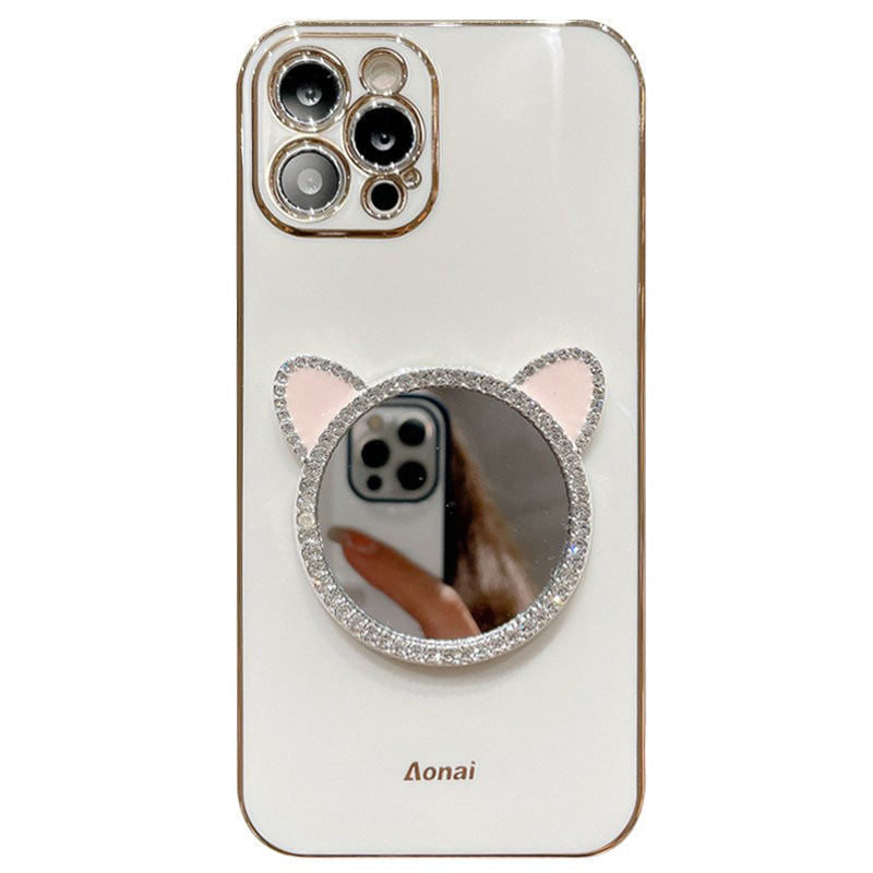 猫耳朵水钻补妆镜子苹果16pro适用iPhone14手机壳新款15/12/11ProMax超薄软硅胶13全包防摔保护套网