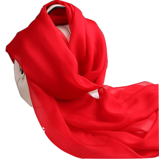 百搭中国红大红色杭州桑蚕丝围巾纯色女长款真丝丝巾披肩春秋冬夏