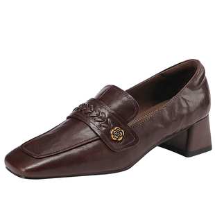 复古通勤一脚蹬方头小皮鞋羊皮舒适中跟乐福鞋粗跟深口单鞋女真皮