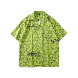 HTTAOSUP夏季牛油果绿满印短袖衬衫男女夏威夷风潮牌休闲情侣衬衣