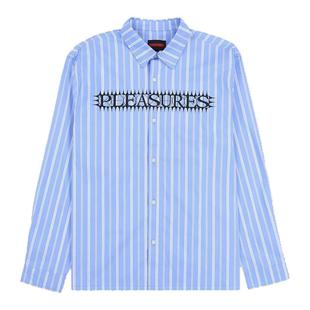 PLEASURES  美式字母logo条纹牛津衬衫男女同款摇滚DJ印花翻领