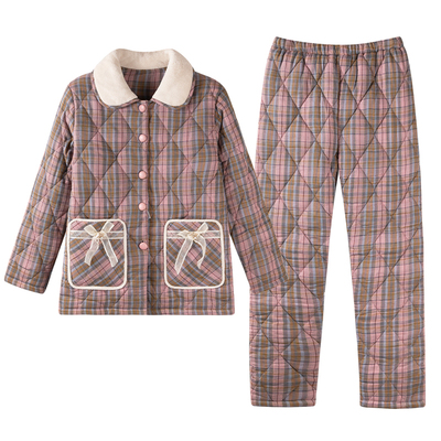 芬腾可安梭织棉睡衣女纯棉三层加厚保暖可外穿女士全棉家居服套装