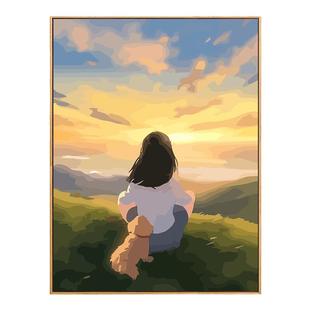 女孩狗狗diy数字油画风景定制油彩手绘画画填色填充解压2024新款