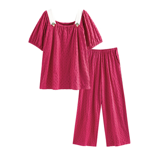 睡衣女2025新款夏季短袖长裤玫红色气质甜美带胸垫家居服夏天套装