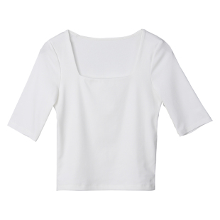 白色纯棉方领中袖打底衫2026新款秋冬加绒内搭修身七分袖长袖上衣