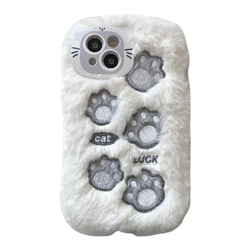 可爱猫爪刺绣毛绒适用iphone15promax手机壳苹果14新款13pro保护套12女款11秋冬14pro怪兽镜头全包
