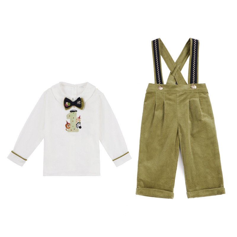 three sailors男童0-3周岁生日礼服帅气背带裤+衬衣纯棉两件套秋