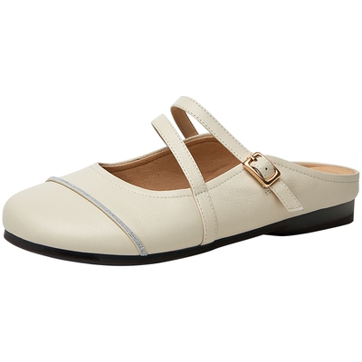 百田森包头凉鞋女夏新款透气条带低跟拖圆头懒人拖一脚蹬拖鞋