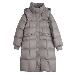 ELLE90白鸭绒灰色中长款连帽羽绒服女2025冬季新款通勤小众外套