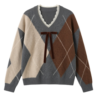 大码女装套头V领长袖上衣冬装新款气质胖MM宽松显瘦毛衣打底衫女