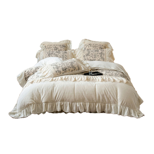 法式复古床盖款牛奶绒四件套公主风蕾丝边被套珊瑚绒冬季床上用品