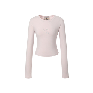 threetimes早秋韩版修身短款圆领长袖t恤女2025新款甜辣显瘦上衣