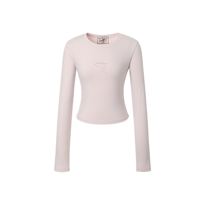 threetimes2026早春韩版修身短款圆领长袖t恤女甜辣百搭显瘦上衣