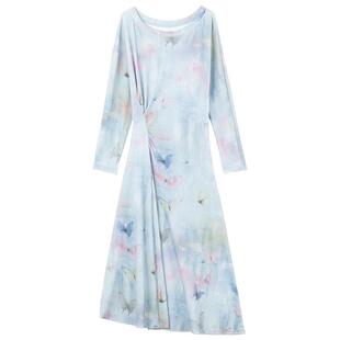 KEIKO 蝴蝶迷梦晕染印花连衣裙2026春夏度假风高弹掐腰修身长裙