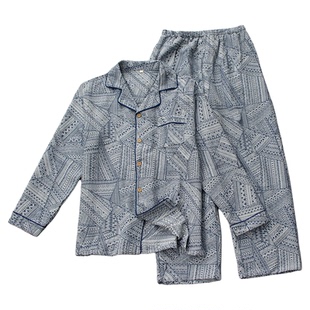 高品质春秋长袖睡衣套装男士全棉提花双层纱布翻领家居服开衫