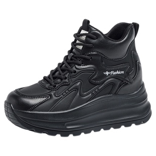 皮面厚底老爹鞋女2025新款冬季加绒内增高休闲运动高帮女鞋不累脚