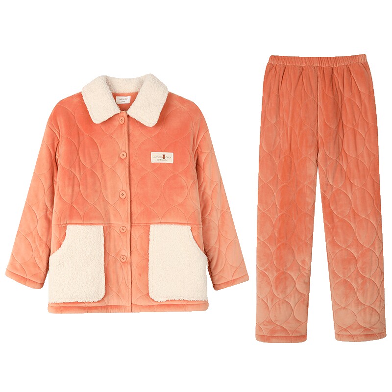 秋鹿珊瑚绒睡衣冬季女款夹棉加厚加绒纯色小翻领家居服女秋冬套装