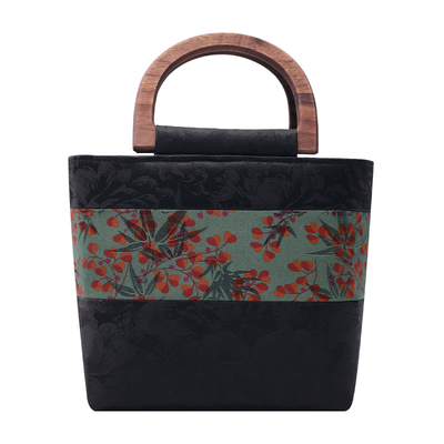 双姊妹原创香云纱拼接木柄手提包