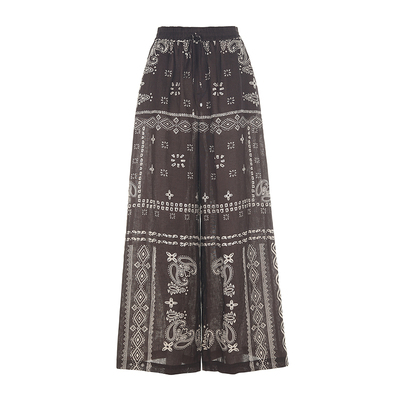 咖色佩斯利漩涡纹印花亚麻长裤