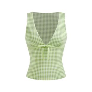 【明星同款】CIDER 正品辣妹深v领格纹小蝴蝶结上衣114514060